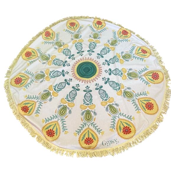 Gypsy 05 Round Tablecloth 66" The Boho Beach Teal And Yellow With Fringe - Picture 2 of 7